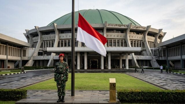 Gedung DPR RI dengan bendera setengah tiang sebagai tanda duka cita atas meninggalnya anggota DPR