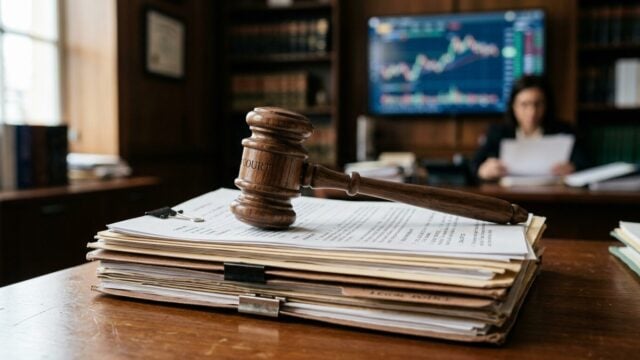 Dokumen hukum dan palu hakim terkait kasus class action Insulet Corporation