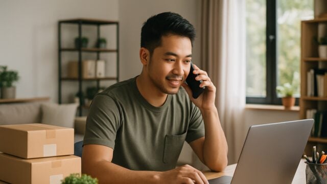 Seorang pengusaha muda sedang mengelola pesanan bisnis dari rumah menggunakan laptop dan smartphone dengan suasana kantor
