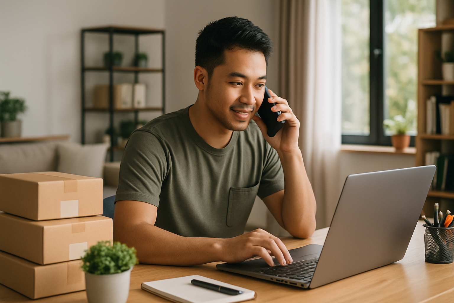 Seorang pengusaha muda sedang mengelola pesanan bisnis dari rumah menggunakan laptop dan smartphone dengan suasana kantor