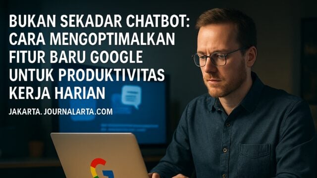Seorang pekerja profesional yang sedang menggunakan dasbor produktivitas Google yang terintegrasi dengan AI di ruang kantor