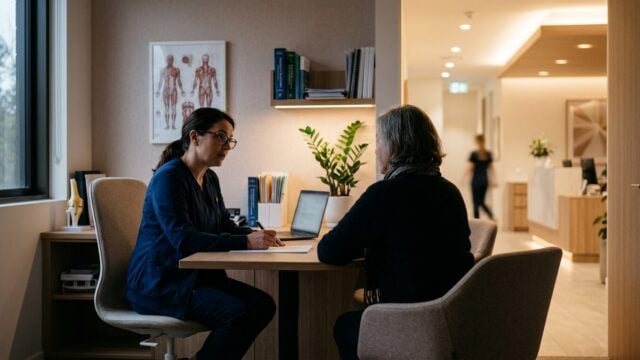 Dokter sedang memberikan konsultasi kesehatan reproduksi kepada pasien perempuan