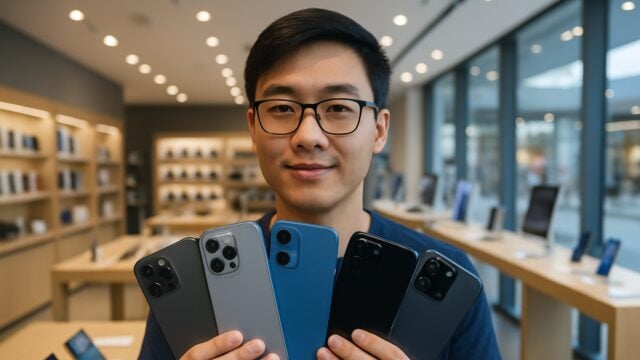 Seorang tech enthusiast sedang memegang jajaran smartphone flagship terbaru di tahun 2026 dengan latar belakang toko gadget