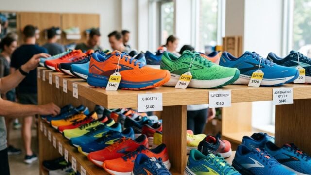 Koleksi sepatu lari Brooks dengan diskon tags menampilkan model Ghost, Glycerin, dan Adrenaline di rak display modern