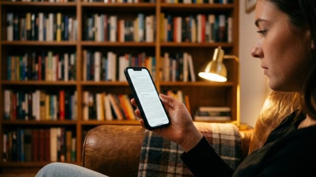 Seseorang sedang membaca e-book melalui aplikasi di smartphone