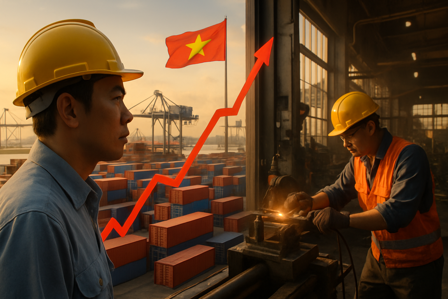 Ilustrasi pelabuhan kontainer dan aktivitas manufaktur di Vietnam yang merepresentasikan pertumbuhan ekonomi di tengah