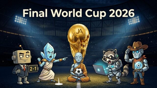 Lima maskot satir berdebat di sekitar trofi, teks Final World Cup 2026
