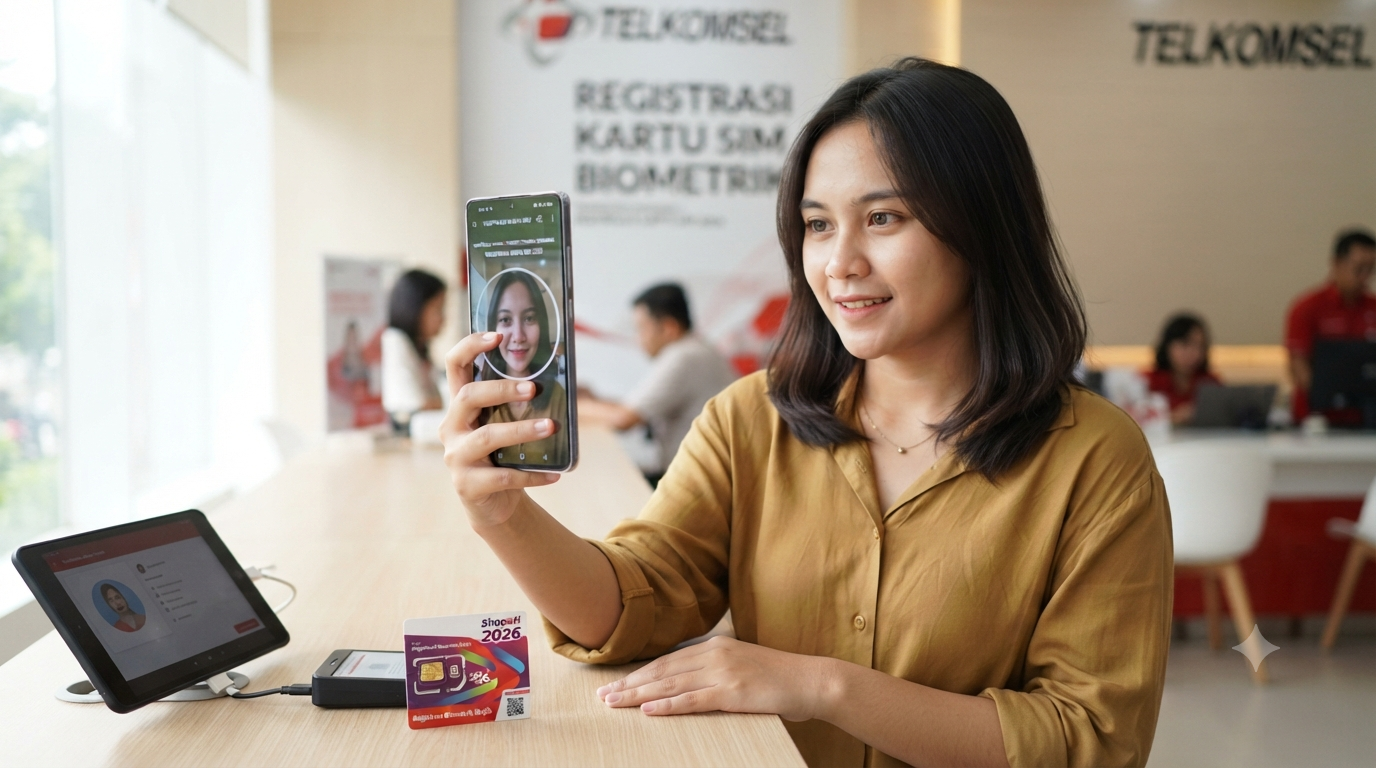 Ilustrasi seorang pengguna melakukan verifikasi wajah menggunakan smartphone untuk registrasi kartu SIM 2026