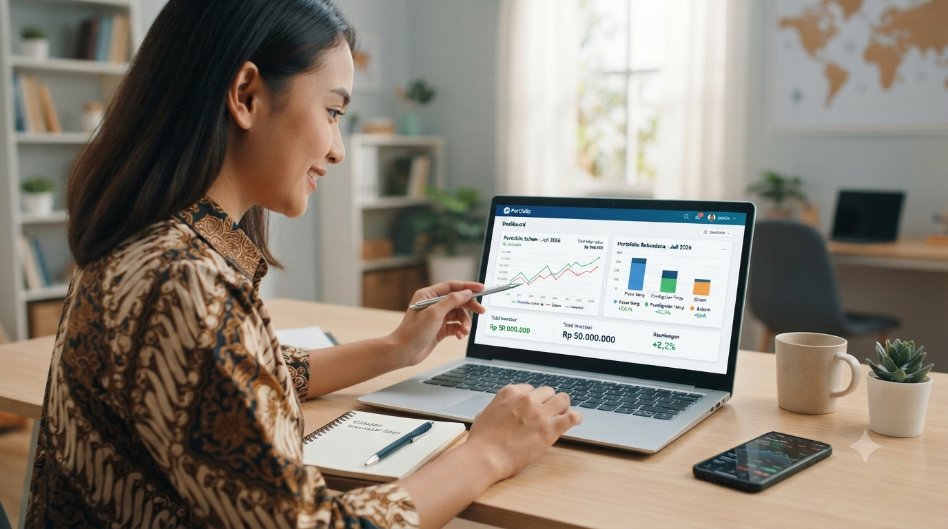 Seorang investor pemula sedang menganalisis grafik portofolio investasi saham dan reksadana di layar laptop