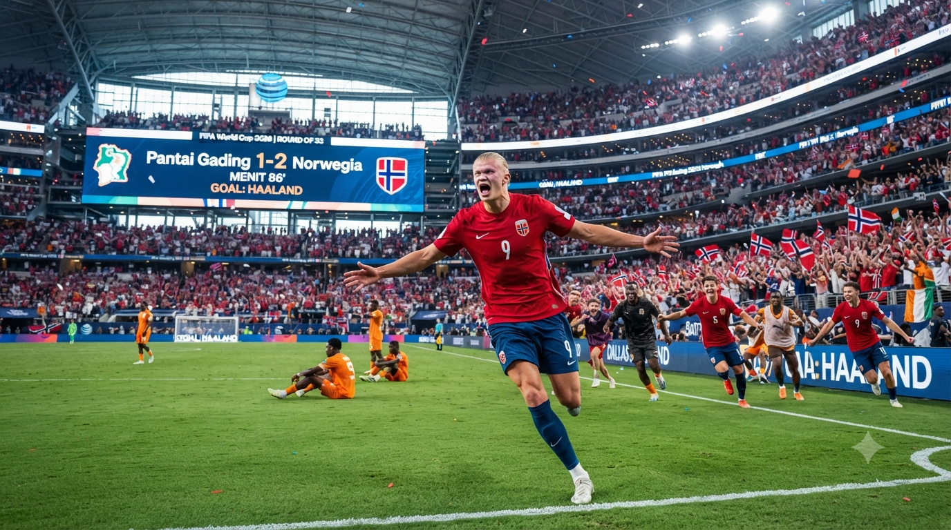 Erling Haaland melakukan selebrasi setelah mencetak gol kemenangan bagi Norwegia dalam laga 32 besar Piala Dunia 2026