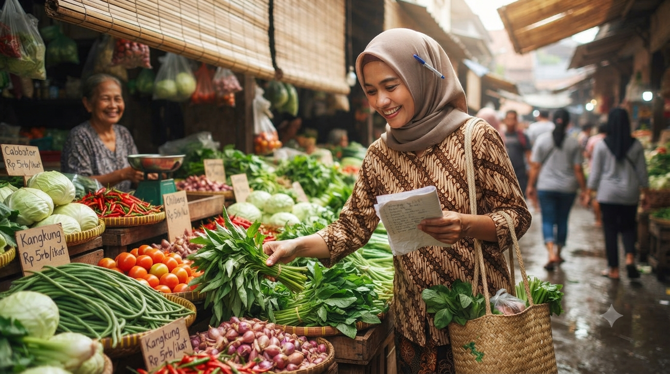 Ilustrasi seorang ibu sedang memilih sayuran segar di pasar tradisional dengan daftar belanjaan