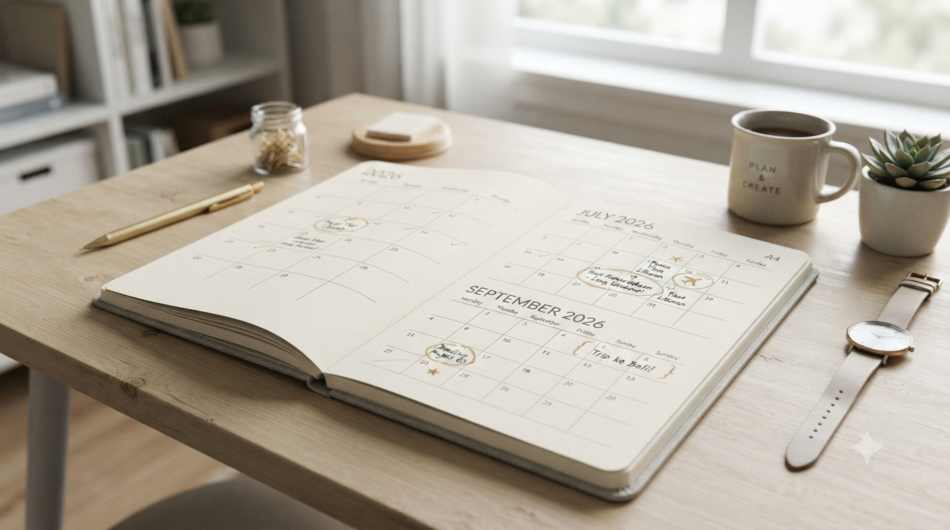 Kalender tahun 2026 yang estetis dengan beberapa tanggal penting yang ditandai atau dilingkari, memberikan kesan perencanaan