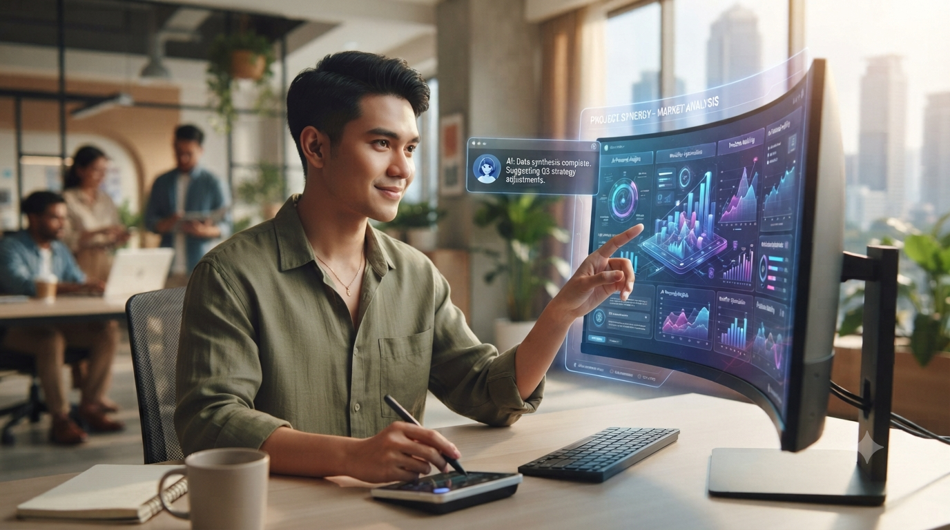 Ilustrasi seorang karyawan muda yang bekerja di kantor modern, tampak sedang berkolaborasi dengan antarmuka AI futuristik di
