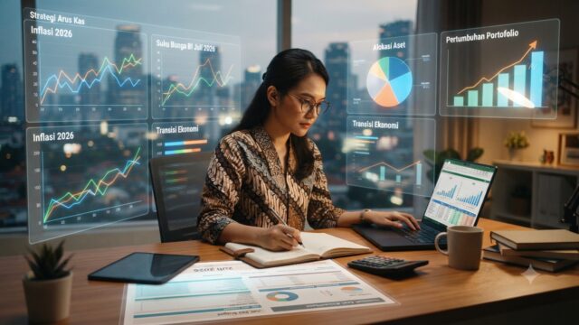 seseorang sedang menyusun perencanaan keuangan pribadi di tengah grafik ekonomi yang dinamis tahun 2026