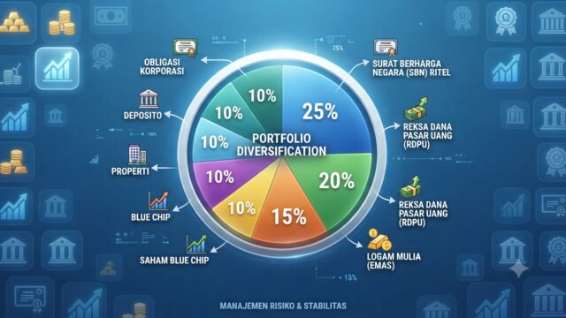Grafik yang menunjukkan diversifikasi portofolio investasi dengan latar belakang ikon aset aman