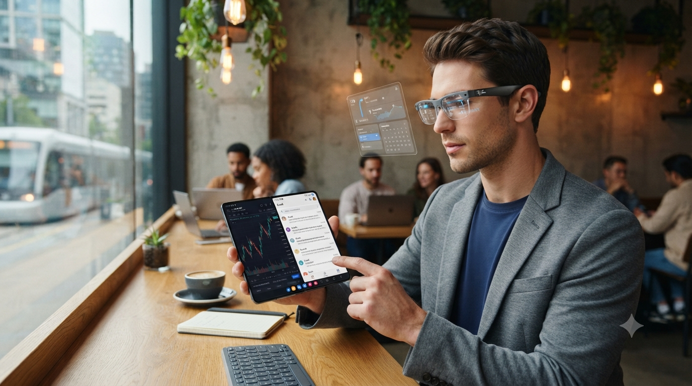 Seseorang membandingkan penggunaan smartphone layar lipat premium dengan smart glasses AR di sebuah kafe modern tahun 2026