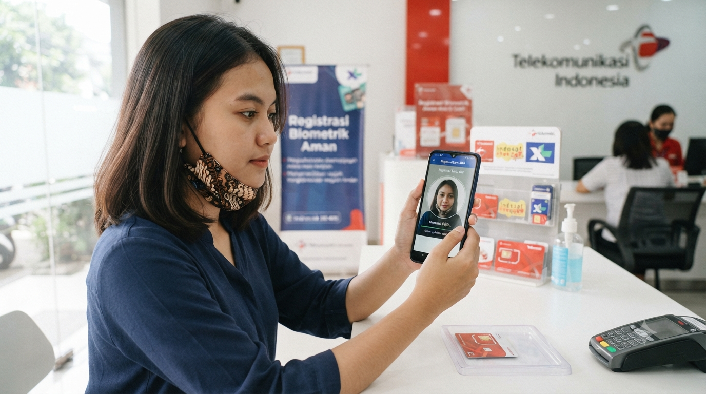 Ilustrasi pengguna smartphone melakukan pemindaian wajah untuk registrasi kartu SIM