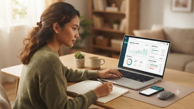 Seorang individu sedang mengatur anggaran keuangan menggunakan laptop dan aplikasi perbankan digital di meja kerja yang rapi.