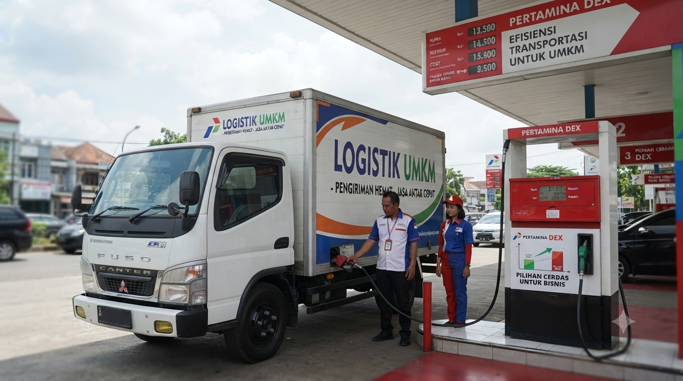 Truk logistik UMKM sedang mengisi bahan bakar di SPBU sebagai strategi efisiensi budget transportasi