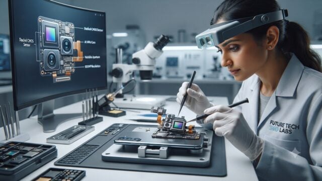 Seorang ahli teknologi sedang membedah modul sensor kamera canggih pada perangkat smartphone generasi terbaru tahun 2026