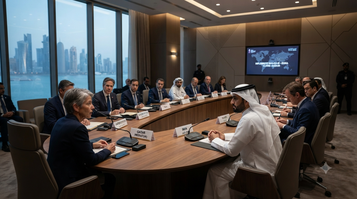 Delegasi diplomatik internasional mengadakan pertemuan tertutup di ruang konferensi modern di Doha