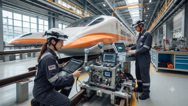 Teknisi sedang melakukan pengecekan peralatan perawatan canggih pada jaringan kereta cepat.