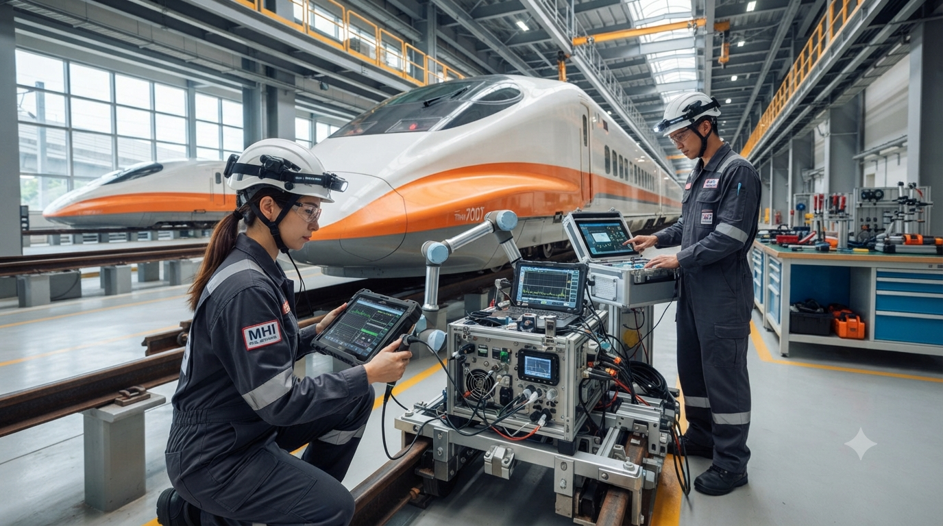 Teknisi sedang melakukan pengecekan peralatan perawatan canggih pada jaringan kereta cepat