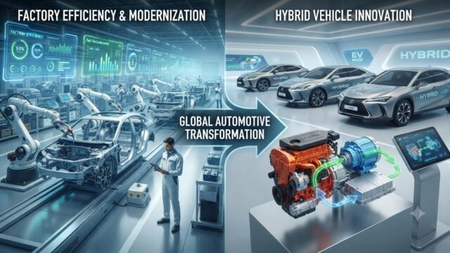 Visualisasi transformasi industri otomotif global dengan fokus pada efisiensi pabrik dan teknologi kendaraan hibrid