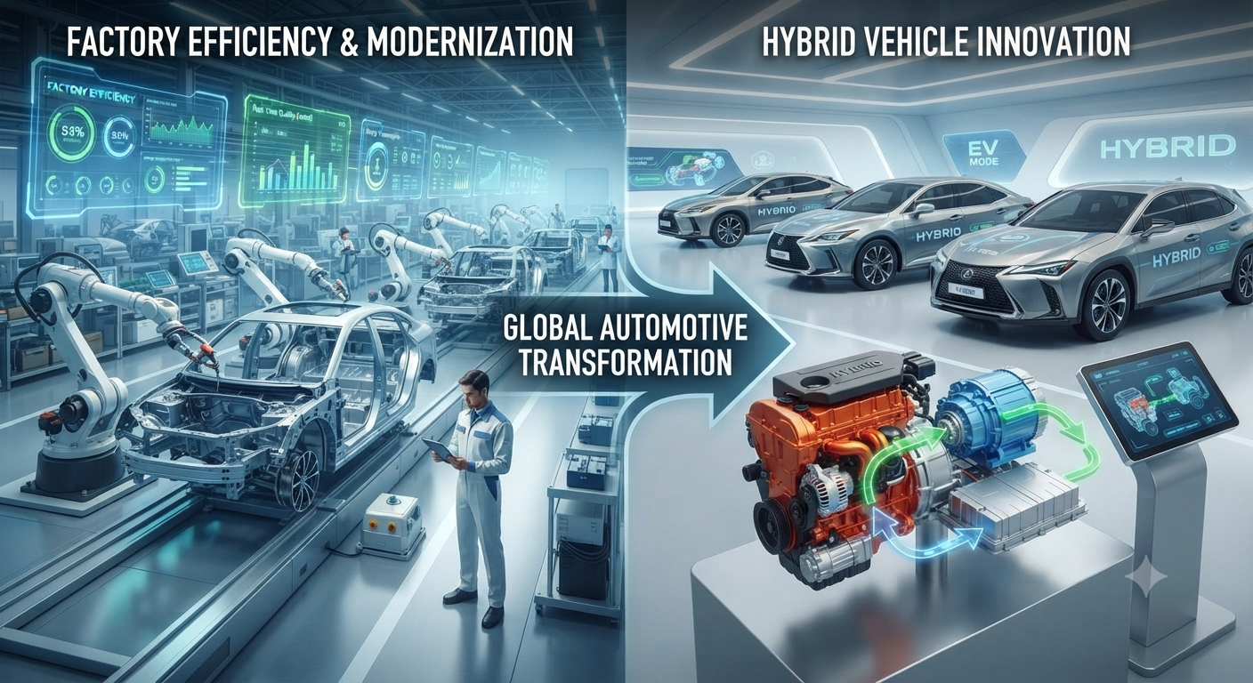 Visualisasi transformasi industri otomotif global dengan fokus pada efisiensi pabrik dan teknologi kendaraan hibrid