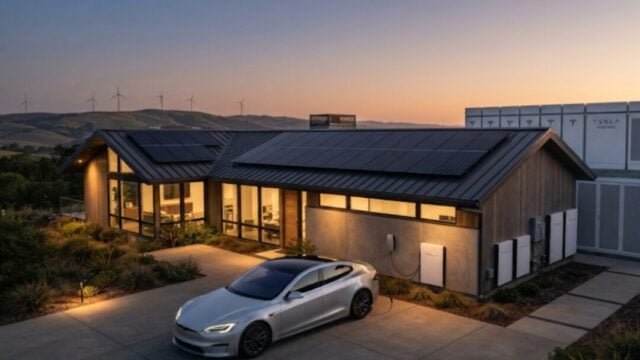 Ilustrasi kendaraan listrik Tesla dan sistem penyimpanan energi terbarukan
