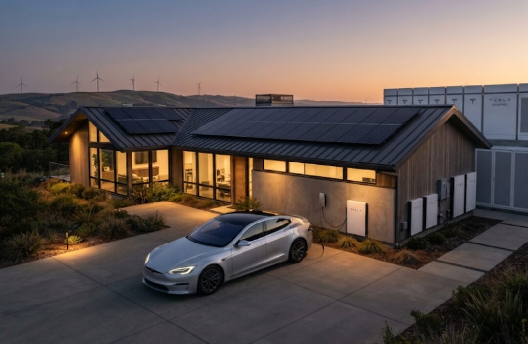 Ilustrasi kendaraan listrik Tesla dan sistem penyimpanan energi terbarukan