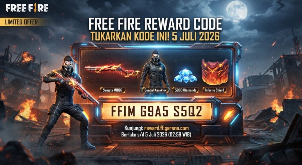 Ilustrasi hadiah dan kode redeem resmi Free Fire per 5 Juli 2026