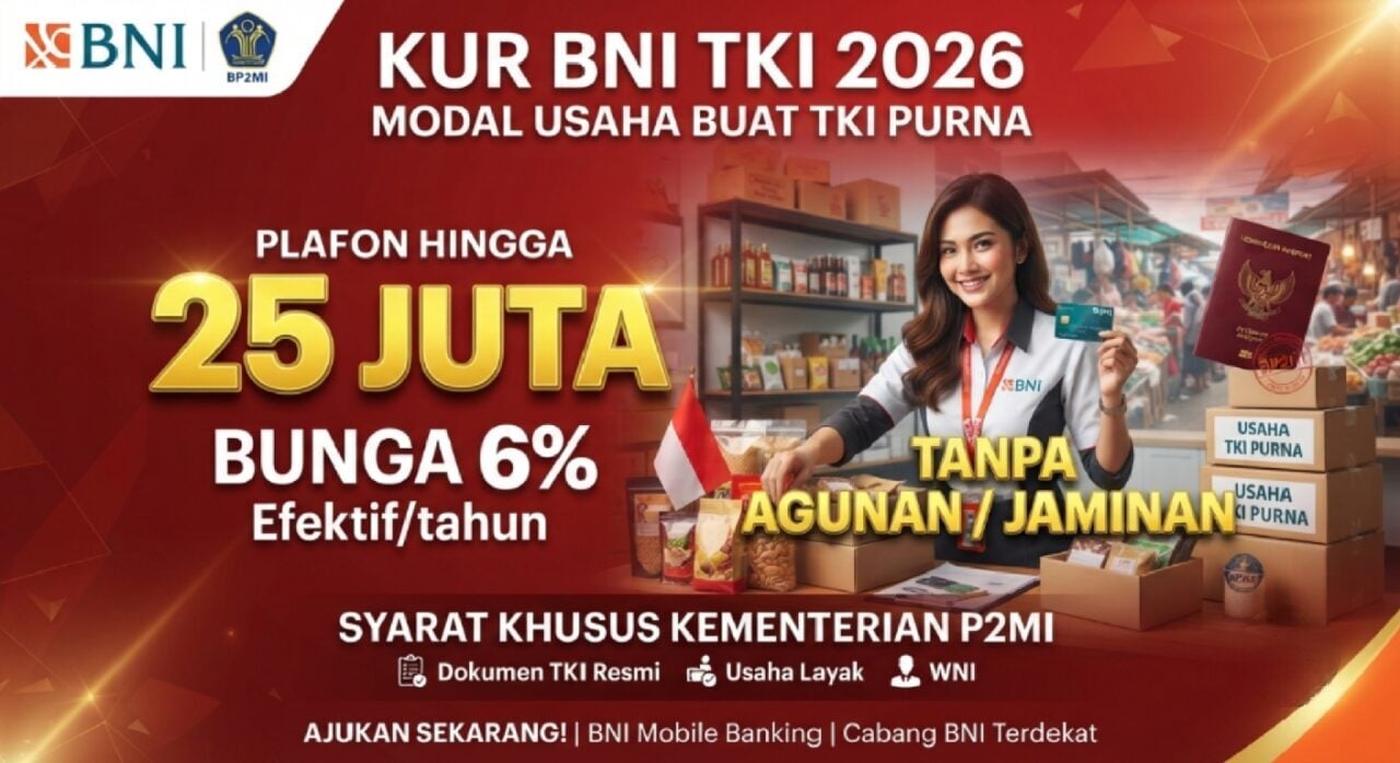 poster kur bni tki 2026 plafon 25 juta tanpa jaminan bunga 6% modal usaha tki purna syarat p2mi