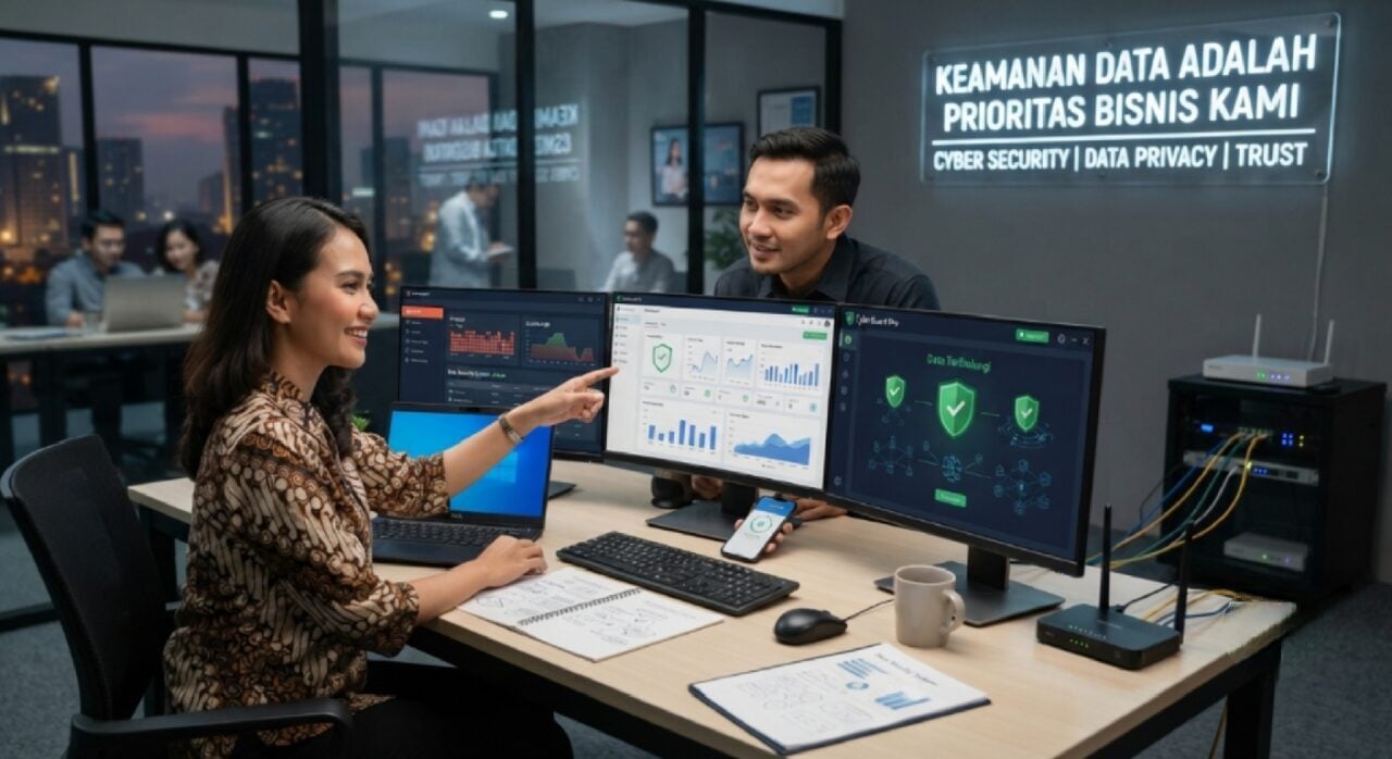 Ilustrasi perlindungan data dan keamanan siber untuk pelaku usaha di era digital