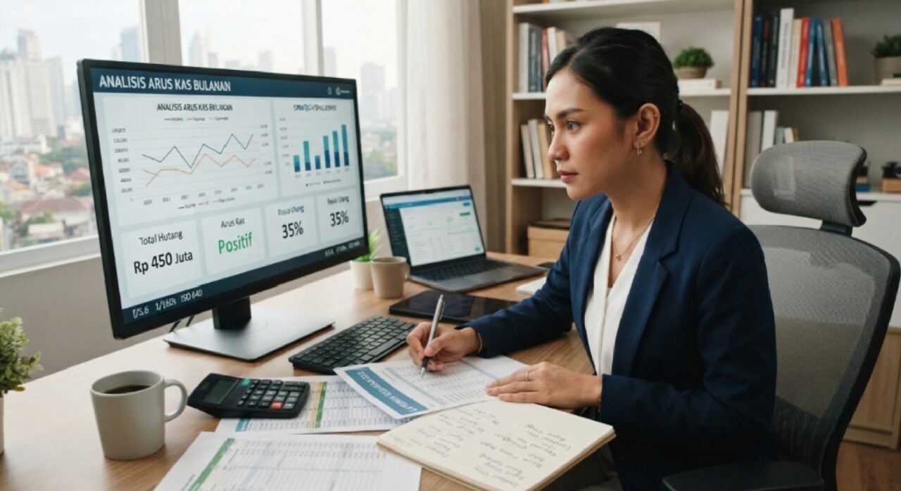 Seorang pengusaha sedang menganalisis grafik laporan keuangan dan arus kas untuk strategi pengelolaan utang bisnis yang sehat