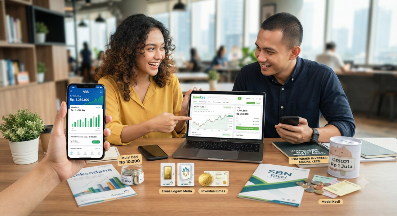 Ilustrasi berbagai instrumen investasi modal kecil yang cocok untuk pemula dan milenial