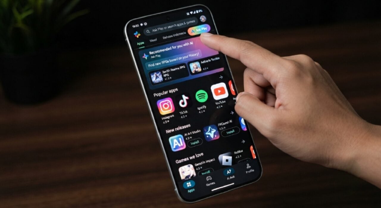 Tampilan antarmuka Google Play Store terbaru dengan fitur pencarian AI Ask Play pada Juli 2026