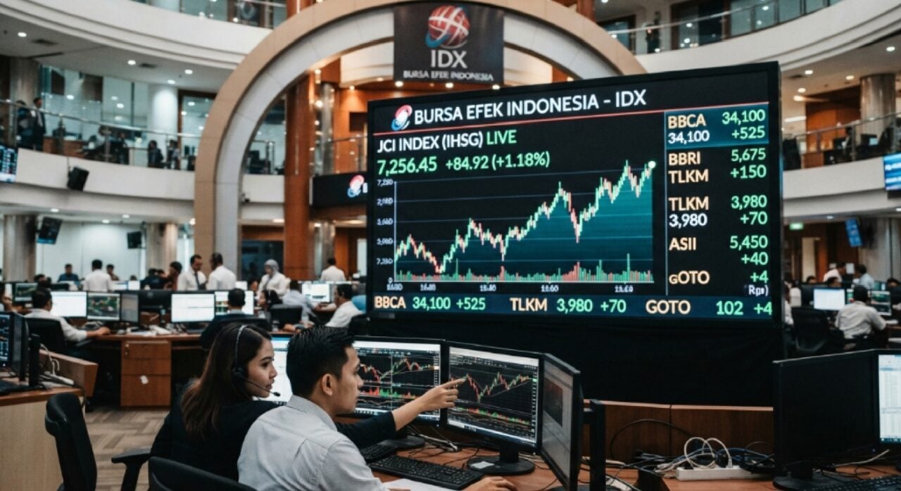 Ilustrasi papan perdagangan saham dengan grafik naik turun dan latar belakang bursa efek Indonesia
