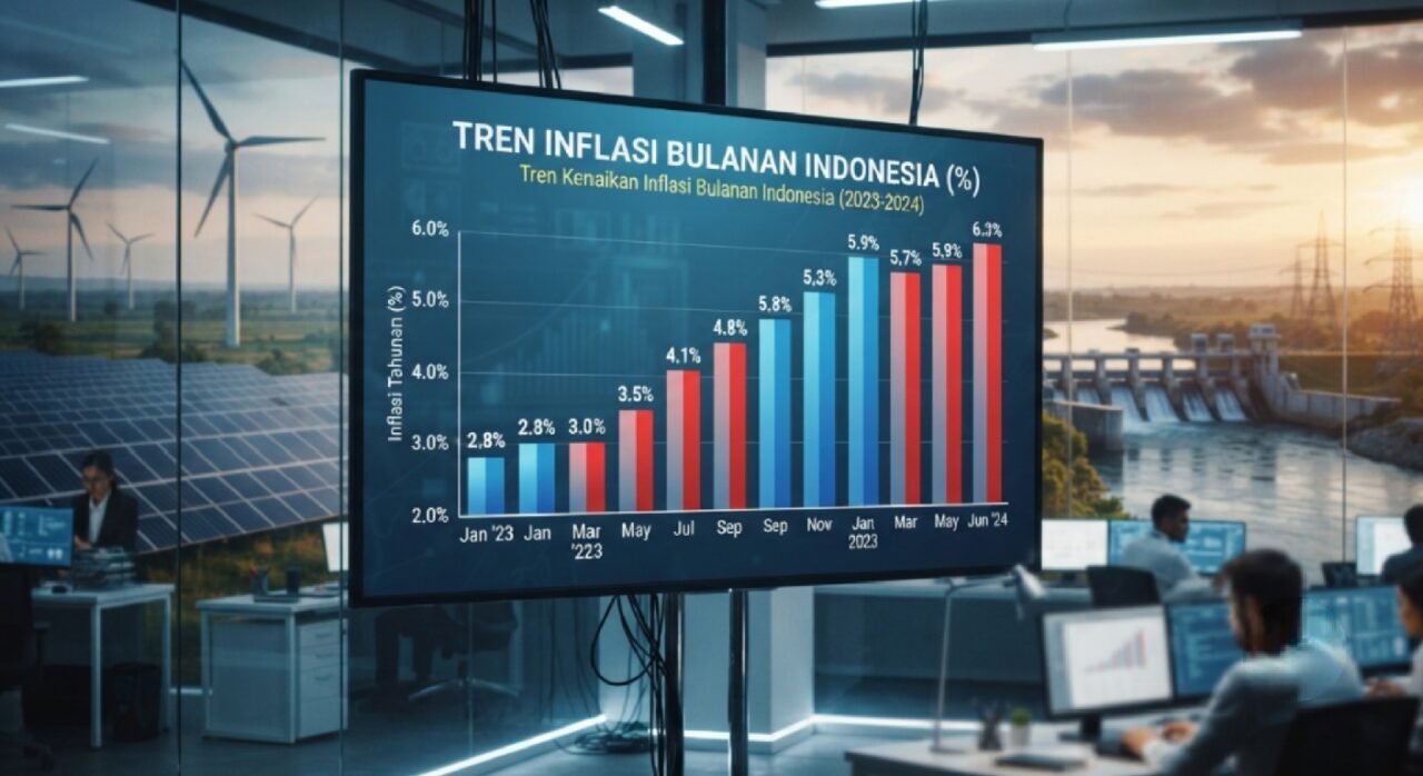 Ilustrasi Grafik batang menunjukkan tren kenaikan inflasi bulanan Indonesia dengan latar belakang simbol energi terbarukan