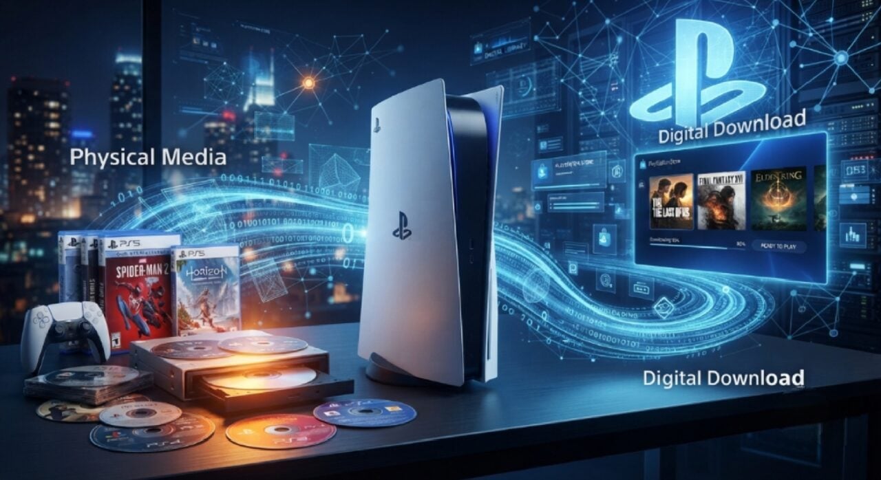 Ilustrasi perangkat konsol PlayStation dengan latar belakang elemen digital yang melambangkan transisi dari media fisik ke