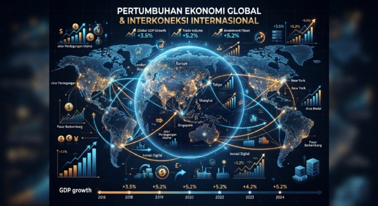 Grafik ilustrasi pertumbuhan ekonomi global dengan latar belakang peta dunia, mencerminkan interkoneksi ekonomi antarnegara
