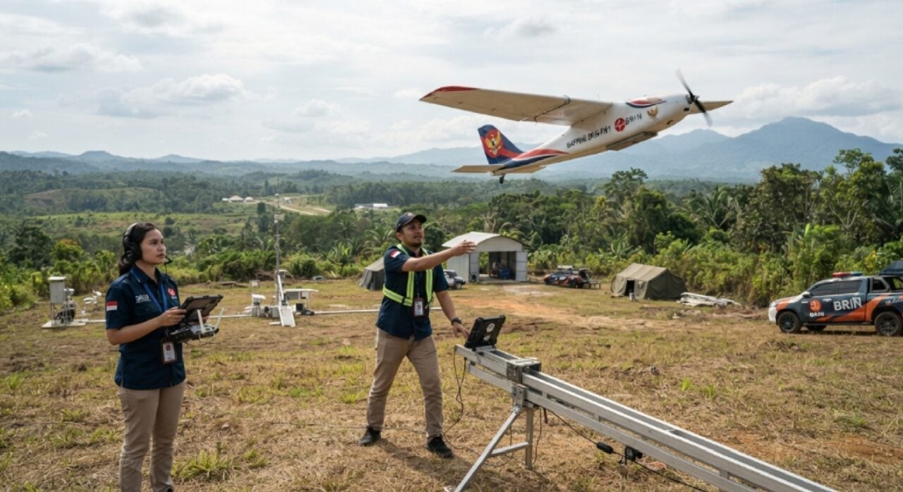 Tim periset BRIN sedang melakukan uji coba terbang drone jenis fixed-wing untuk keperluan pemetaan di area riset nasional