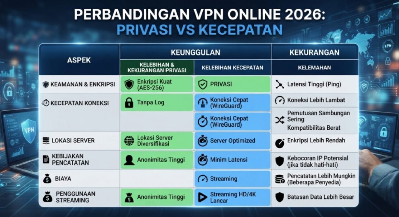 Tabel perbandingan kelebihan dan kekurangan VPN online 2026 privasi vs kecepatan