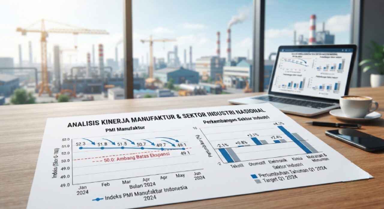 Ilustrasi grafik penurunan indeks PMI manufaktur dan perkembangan sektor industri nasional