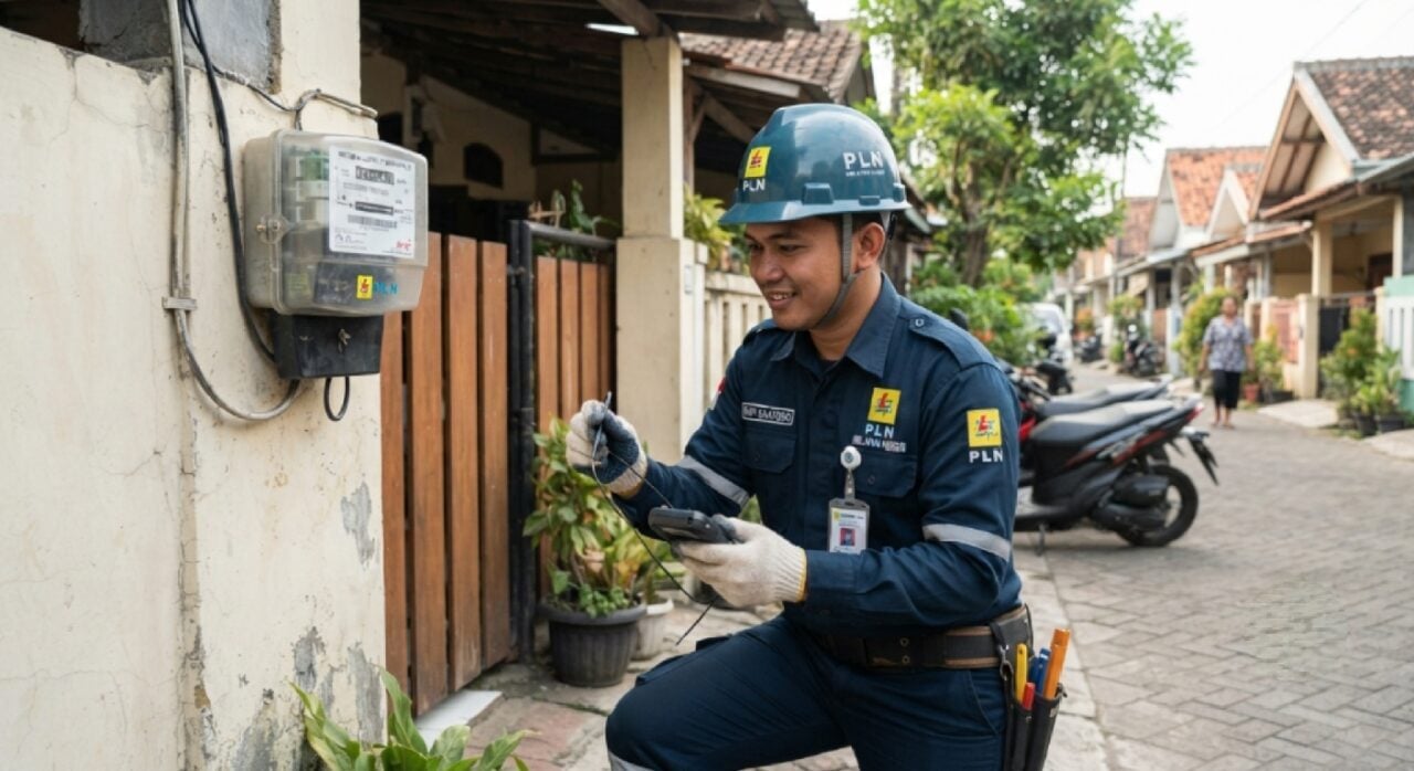 Petugas PLN sedang melakukan pengecekan meteran listrik di area perumahan sebagai simbol pelayanan energi nasional