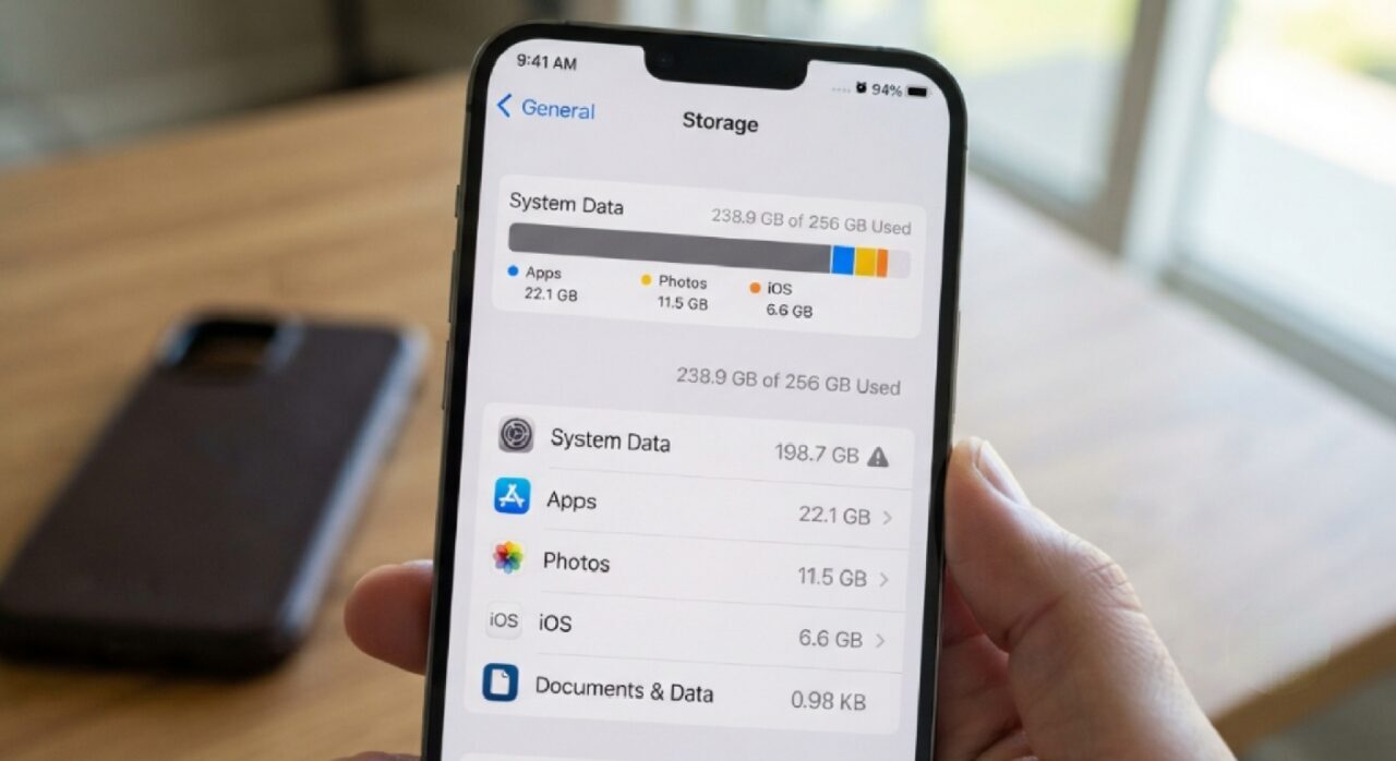 Ilustrasi Tampilan menu pengaturan penyimpanan iPhone yang menunjukkan indikator "System Data" penuh dengan kapasitas yang