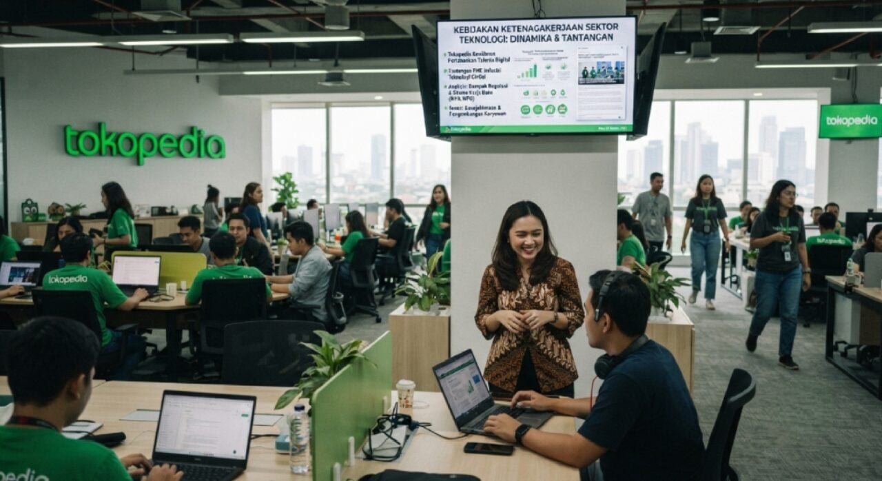 Suasana kantor Tokopedia dan ilustrasi pemberitaan mengenai kebijakan ketenagakerjaan di sektor teknologi