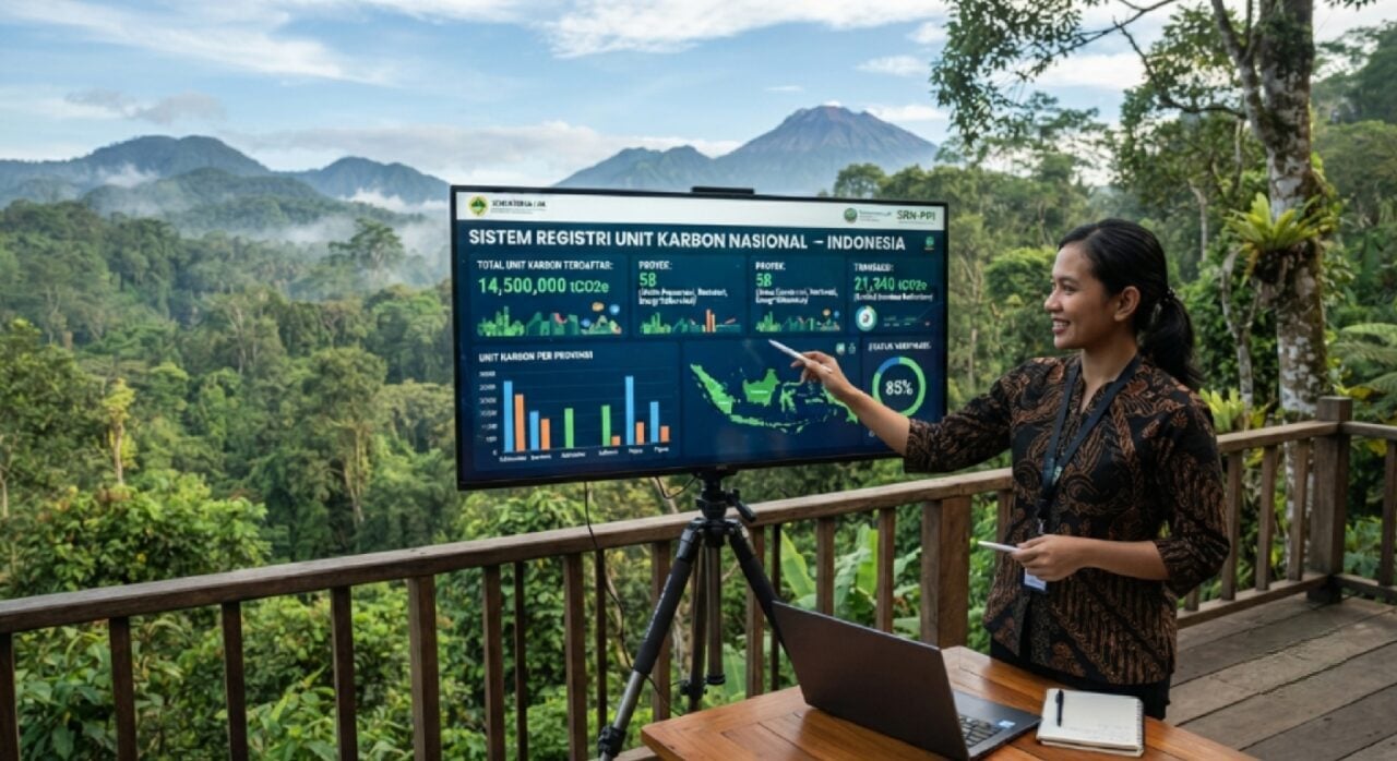 Grafik ilustrasi sistem registri unit karbon nasional di layar digital dengan latar belakang hutan Indonesia yang hijau