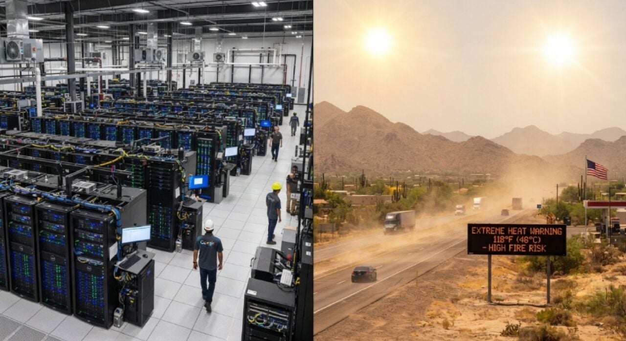 Ilustrasi server pusat data (data center) yang kompleks berdampingan dengan gambar pemandangan suhu panas ekstrem di wilayah