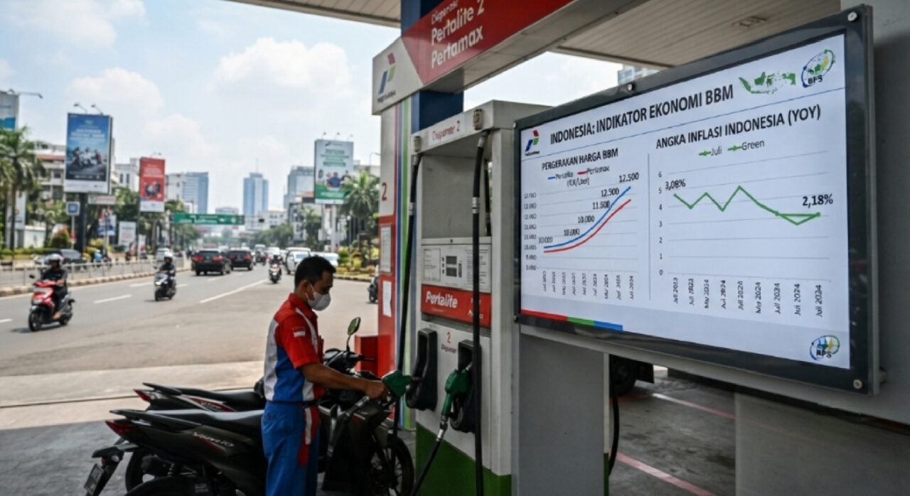 Ilustrasi tangki bahan bakar dan grafik pergerakan harga serta angka inflasi di Indonesia